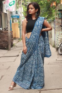 INDIGO BLOCK PRINT MUL COTTON SAREE