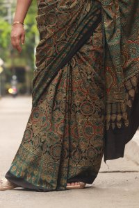 SHADES OF GREEN  COTTON  AJRAKH HAND BLOCK PRINT SAREE