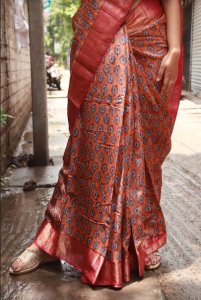 SANDSTONE AND PINK DIGITAL PRINT TUSSUR SAREE