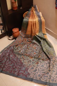 STEEL GREY AND SANDSTONE TUSSUR HANDCRAFTED SAREE