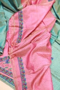 AQUA GREEN AND PINK GACHI TUSSUR SAREE WITH HAND EMBROIDERY