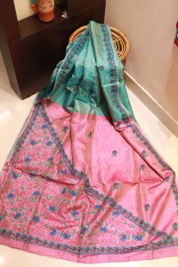 AQUA GREEN AND PINK GACHI TUSSUR SAREE WITH HAND EMBROIDERY