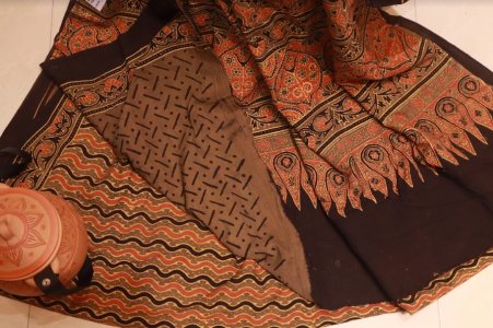 EARTHEN TONE COTTON  AJRAKH HAND BLOCK PRINT SAREE