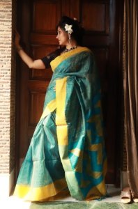 BLUE AND YELLOW RESHAM MATKA SILK SAREE