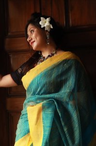 BLUE AND YELLOW RESHAM MATKA SILK SAREE