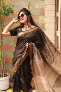 BLACK BHAGALPURI SILK SAREE WITH GOLDEN ZARI BORDER
