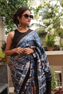 AIRFORCE BLUE PURE SILK SAREE WITH HAND BATIK