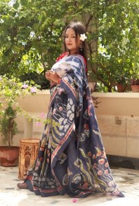 NAVY BLUE PURE SILK SAREE WITH HAND BATIK