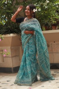 SKY BLUE KOTA SILK SAREE WITH HANDBLOCK PRINT
