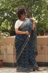 KOTA SILK SAREE WITH INDIGO HAND BLOCK PRINT