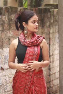 RED NATURAL DYE AJRAKH HAND BLOCK PRINT MODAL SILK SAREE