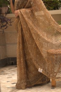 YELLOW OCHRE AND LIGHT BROWN KOTA SILK SAREE WITH HANDBLOCK PRINT