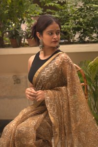 YELLOW OCHRE AND LIGHT BROWN KOTA SILK SAREE WITH HANDBLOCK PRINT