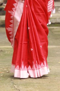 RED AND WHITE HANDWOVEN MERCERISED COTTON SAREE