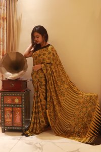YELLOW NATURAL DYE AJRAKH HAND BLOCK PRINT MODAL SILK SAREE