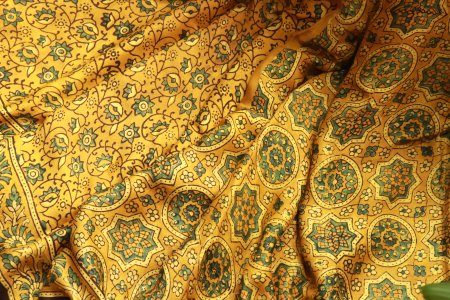 YELLOW NATURAL DYE AJRAKH HAND BLOCK PRINT MODAL SILK SAREE