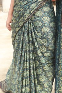 BLUE NATURAL DYE AJRAKH HAND BLOCK PRINT MODAL SILK SAREE