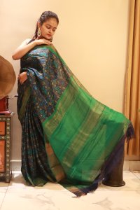 BLUE AND GREEN DIGITAL PRINT TUSSUR SILK SAREE