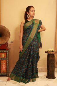 BLUE AND GREEN DIGITAL PRINT TUSSUR SILK SAREE
