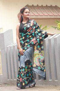 GREY AND BLACK HANDPAINTED SILK SAREE