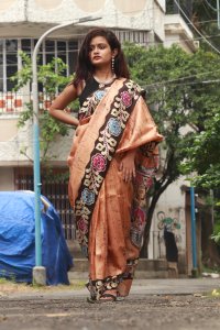 PEACH ORANGE PURE SILK SAREE WITH HAND BATIK