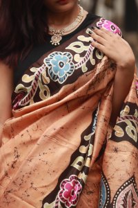 PEACH ORANGE PURE SILK SAREE WITH HAND BATIK