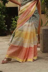 YELLOW , ORANGE AND GREEN LINEN SAREE