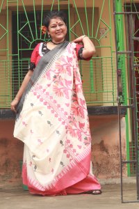 KHADI COTTON SAREE WITH BLACK AND RED BORDER