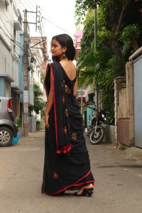BLACK HAND EMBROIDED MUL COTTON SAREE