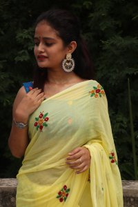 LEMON YELLOW HAND EMBROIDED MUL COTTON SAREE