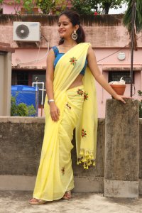 LEMON YELLOW HAND EMBROIDED MUL COTTON SAREE