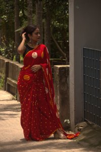 RED NATURAL DYE BANDHEJ MODAL SILK SAREE