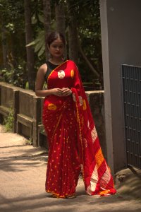 RED NATURAL DYE BANDHEJ MODAL SILK SAREE