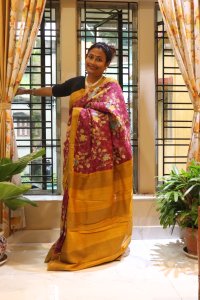 FESTIVE FUCHSIA PINK AND YELLOW OCHRE TUSSUR SILK SAREE