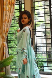 MIDDLE BLUE HAND EMBROIDED MUL COTTON SAREE