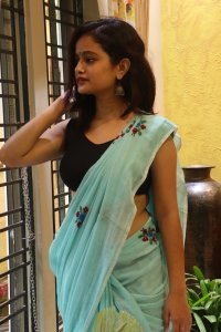 MIDDLE BLUE HAND EMBROIDED MUL COTTON SAREE