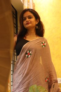 PINK NUDE BROWN HAND EMBROIDED MUL COTTON SAREE