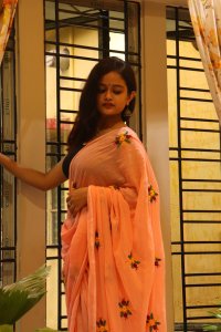 PEACH PINK HAND EMBROIDED MUL COTTON SAREE